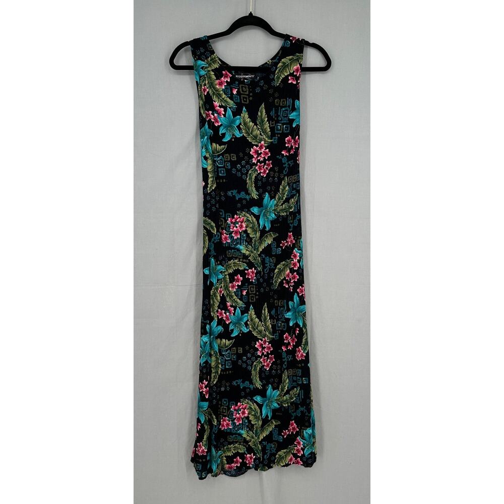 90s Vintage Dress Womens Medium Black Floral Maxi Colorful Pink Tropical Boho - Picture 5 of 7